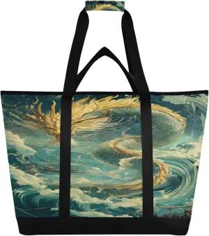 Chinese Dragon Reusable Insulated Cooler Bag with Ice Pack Compartment - Large 47L Waterproof Thermal Grocery Tote for Picnic Beach Camping Lunch Storage