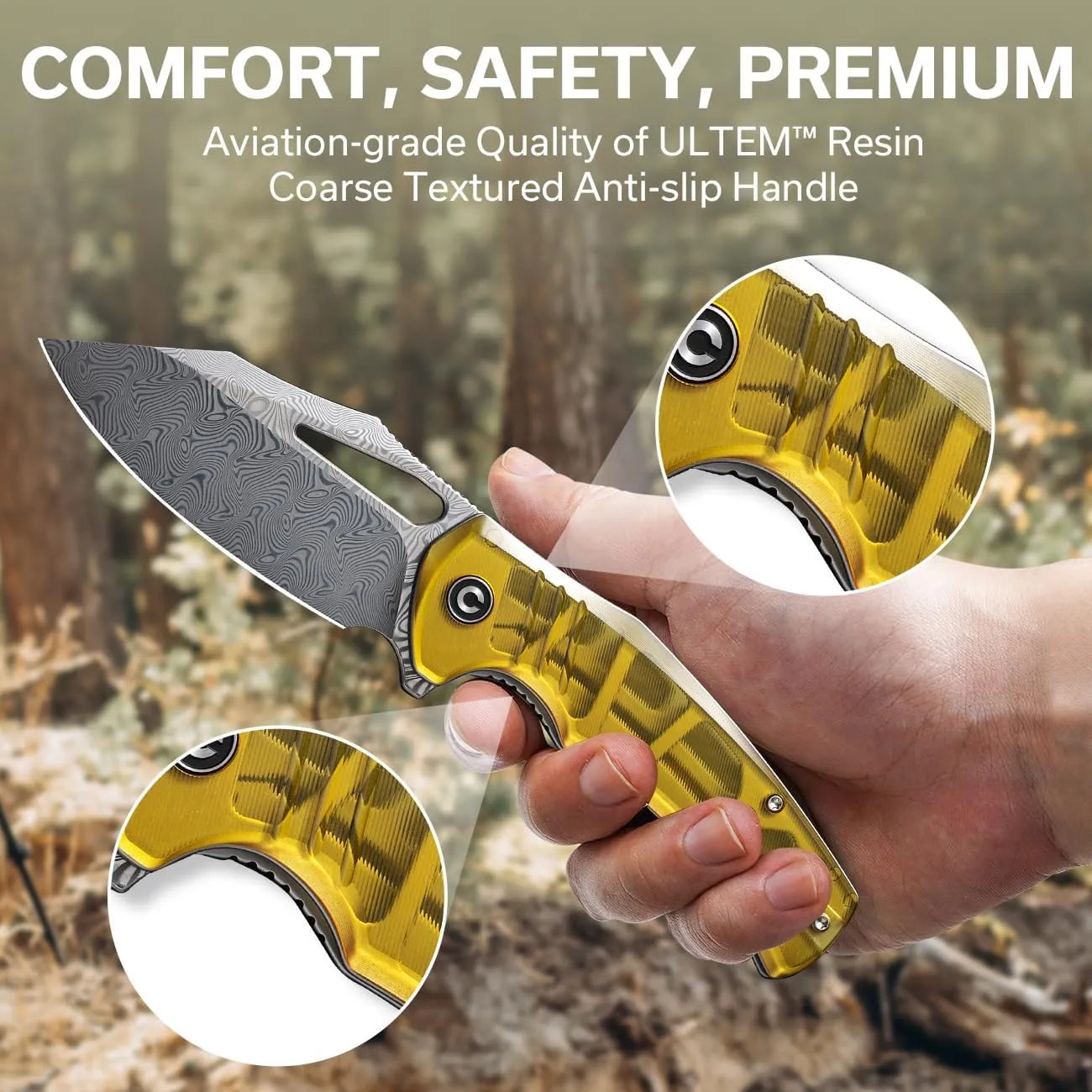 CIVIVI BullTusk Pocket Knife for Camping Fishing Hunting, Folding Knife with Flipper, 3.48" Curved Damascus Blade Ultem Handle, Cool Pocket Knife for Men Women Gift C23017-DS1
