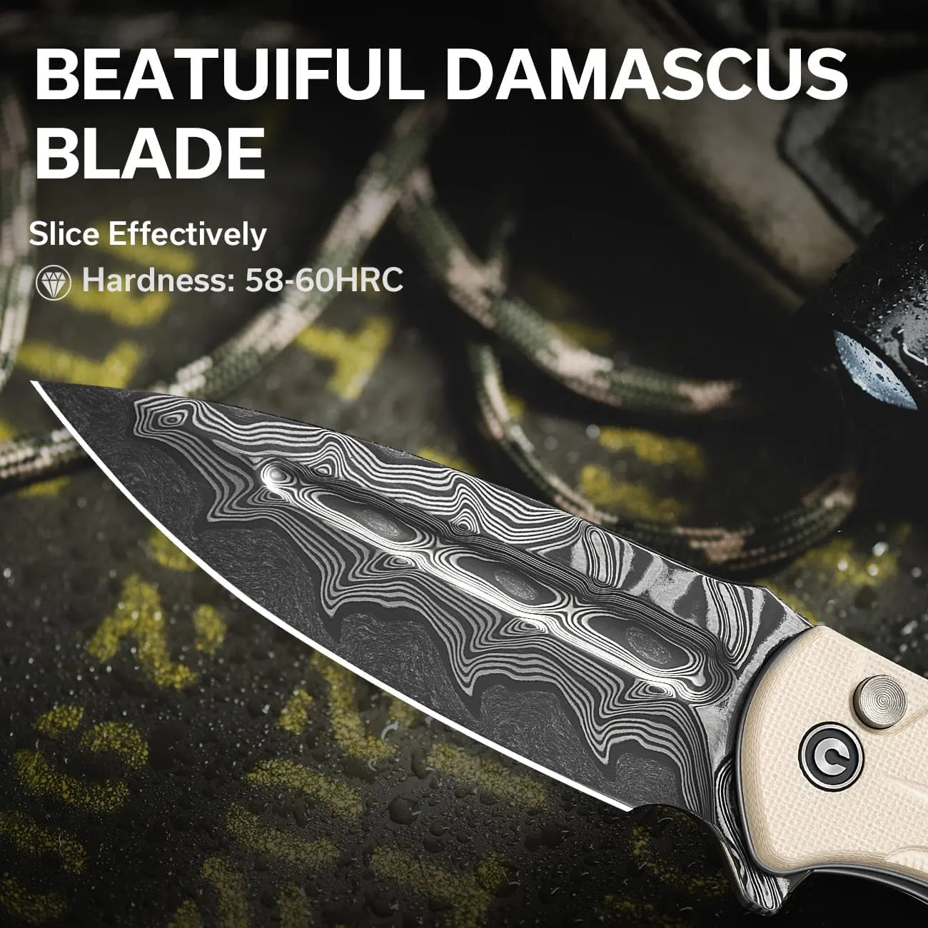 CIVIVI Incindie Pocket Knife for Men, Folding Knife with 3.48" Damascus Blade Milled G10 Handle for EDC C23053-DS1 (Ivory)