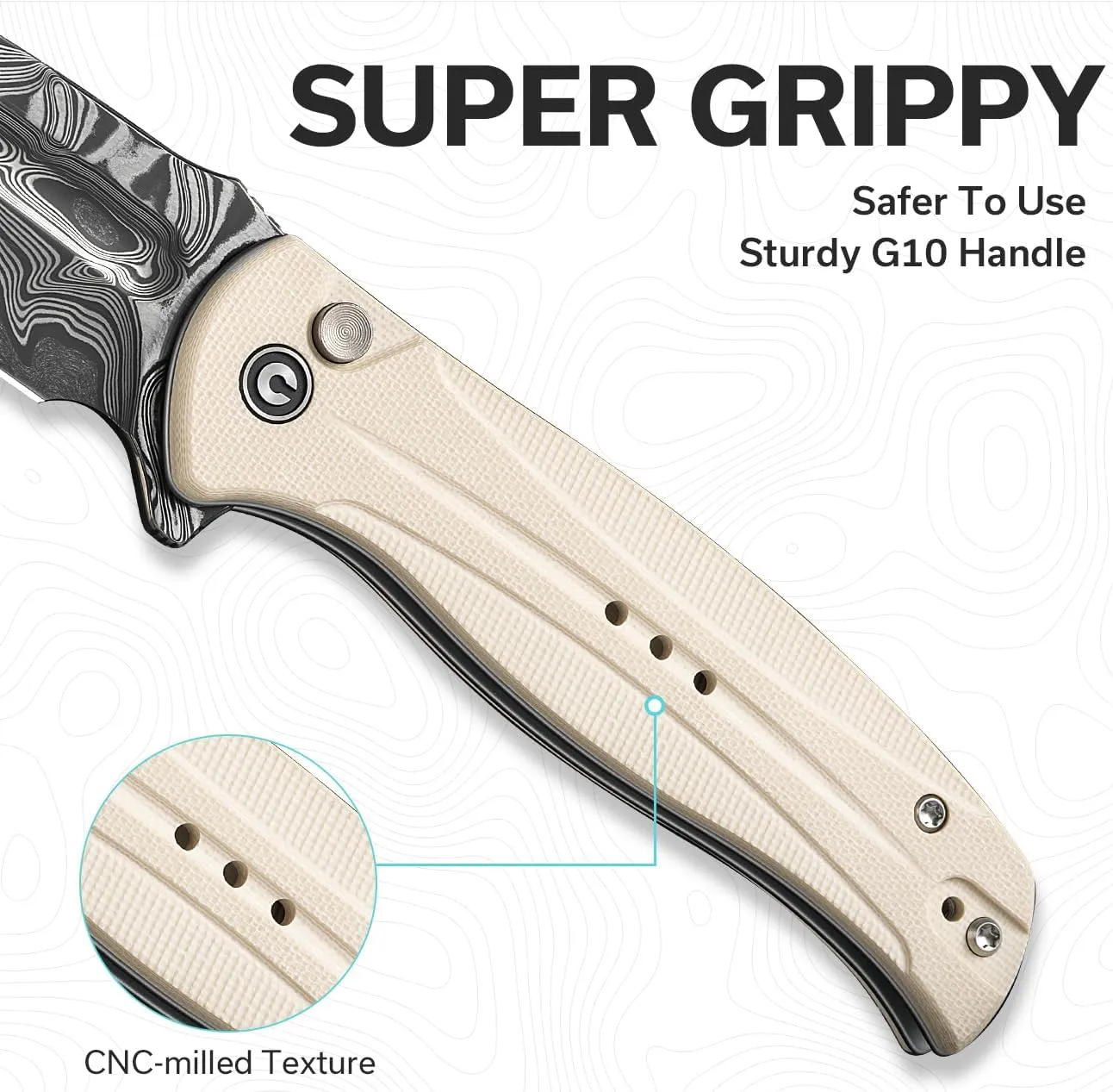 CIVIVI Incindie Pocket Knife for Men, Folding Knife with 3.48" Damascus Blade Milled G10 Handle for EDC C23053-DS1 (Ivory)