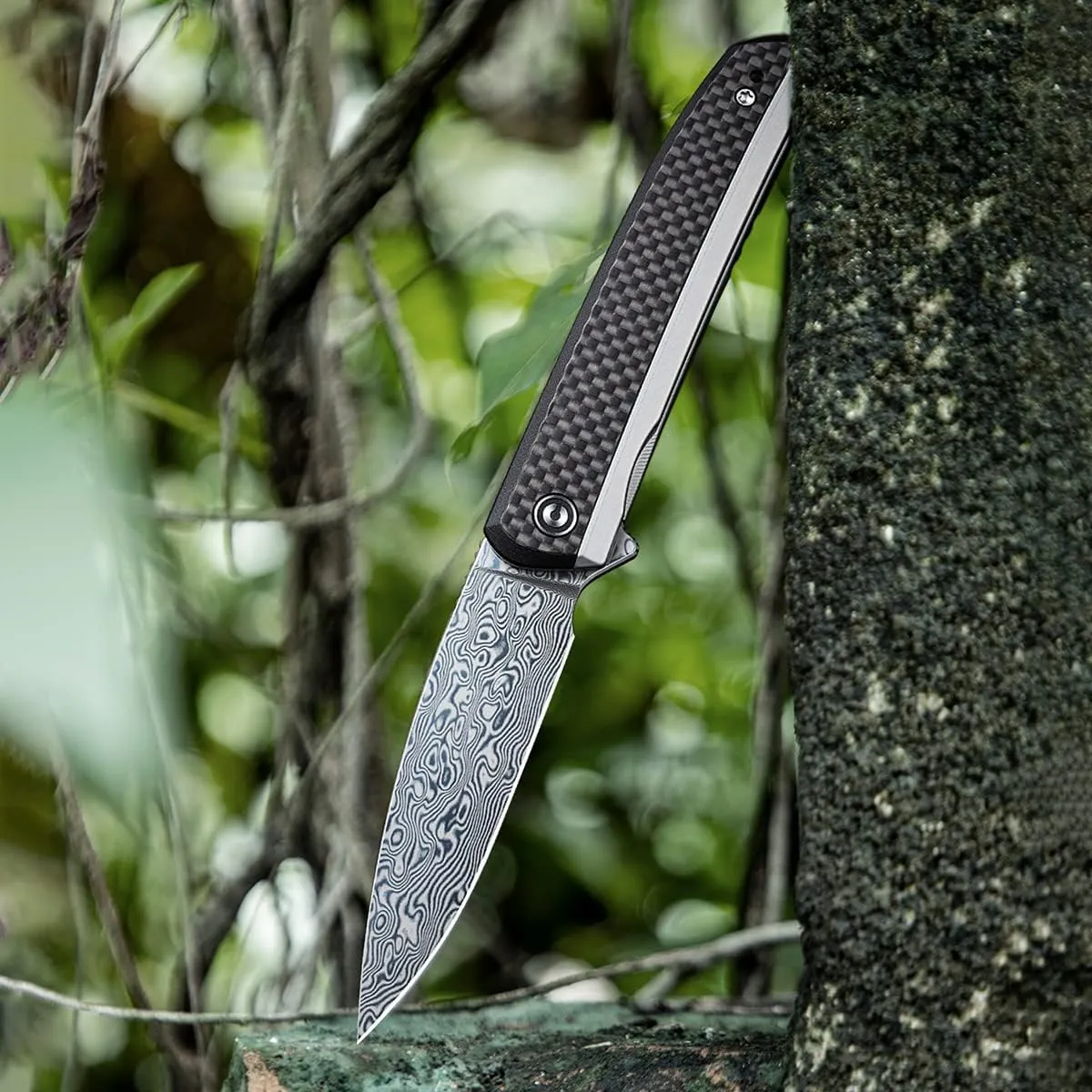 CIVIVI Savant Pocket Folding Knife 3.47-in Damascus Blade Stainless Steel Handle with G10 Twill Carbon Fiber Inlay Nested Frame Lock EDC Knife C20063B-DS1