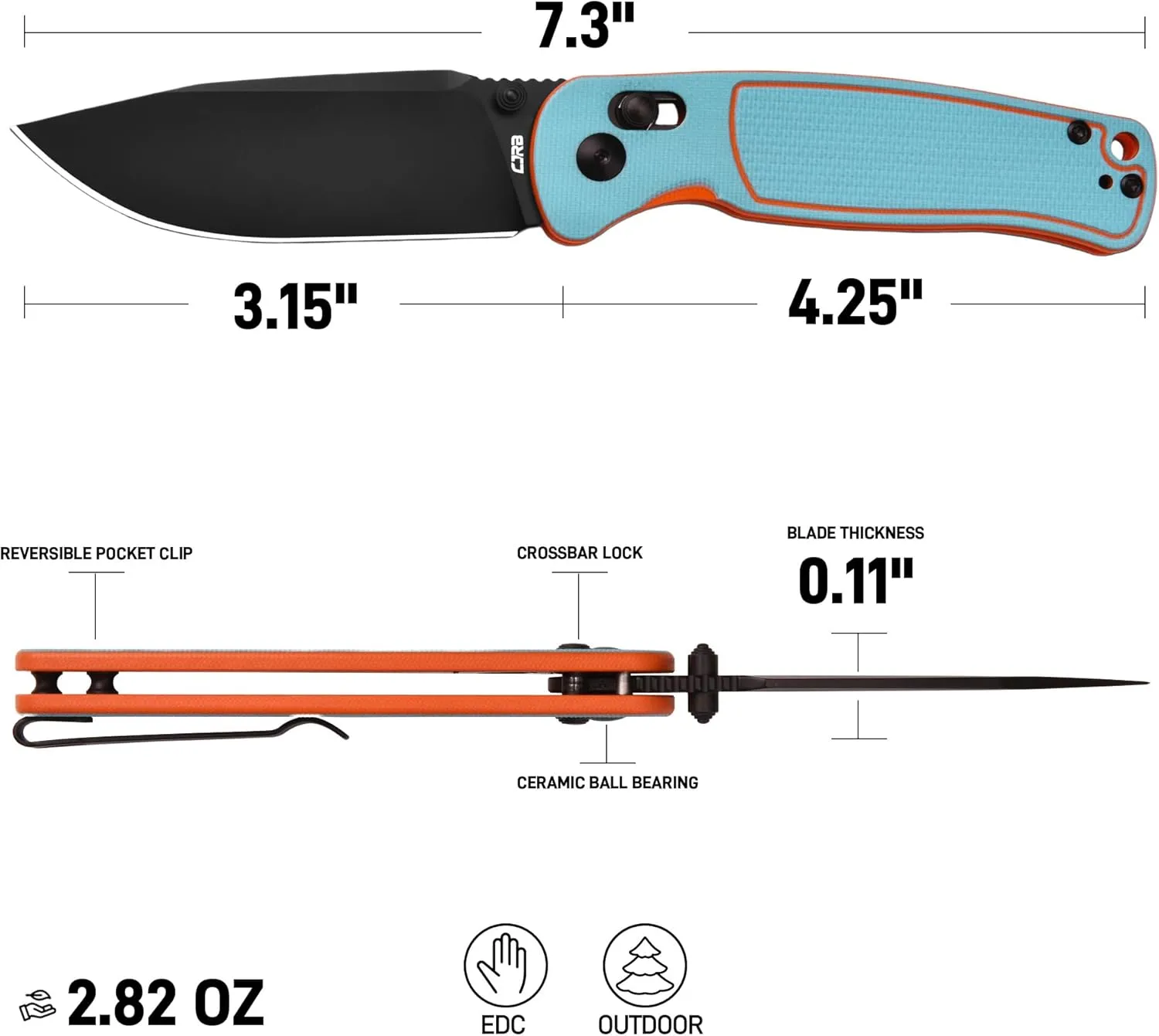 CJRB Shale Folding Pocket Knife, 3.15'' AR-RPM9 Steel Black PVD Blade Dual-tone G10 Handle Folding Knife with Clip, EDC Knife for Men Women, Sharp Camping Hiking Survival Knives J1943 Blue and Orange