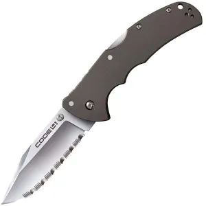 Code 4, Aluminum Handle, Satin Clip Point Serrated w-Clip