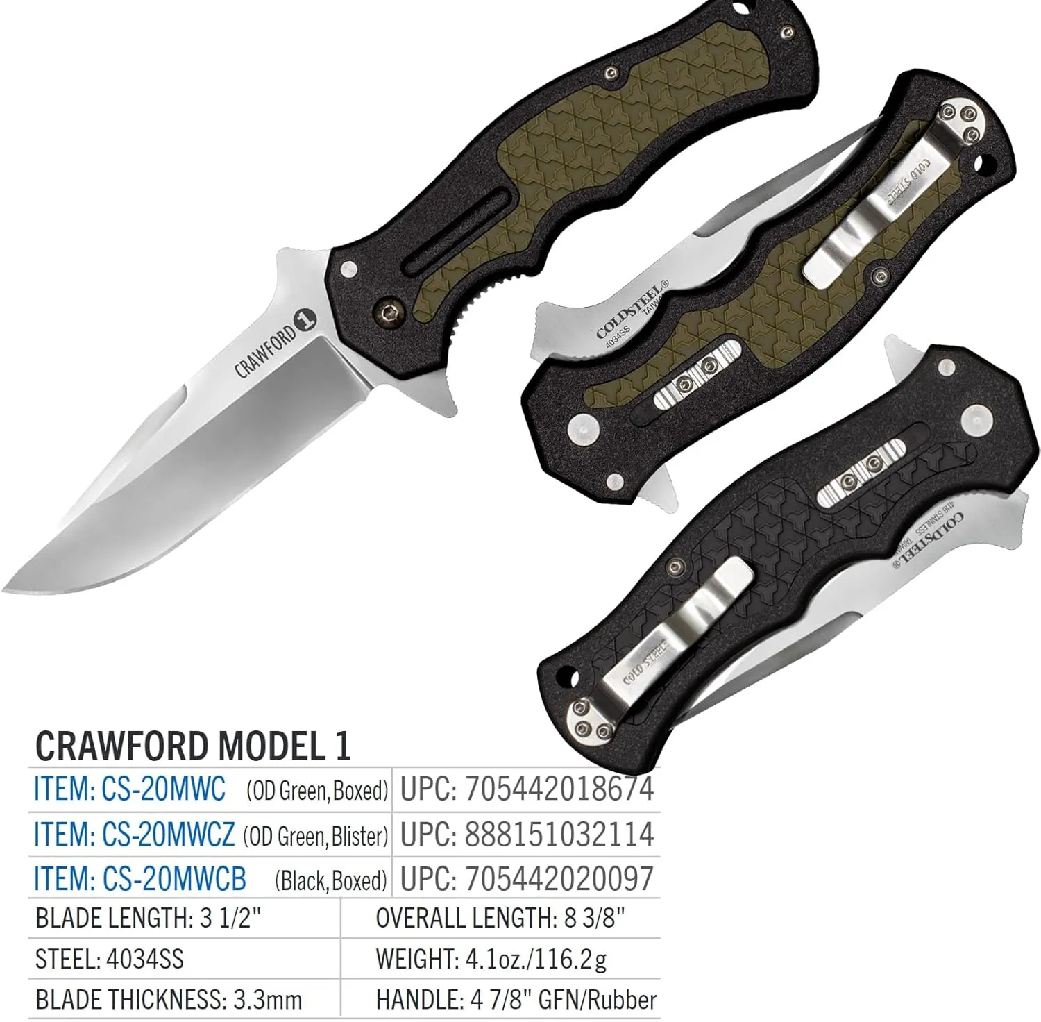 Cold Steel Crawford Model 1 3.5" 4034SS Clip Point Blade 4.875" Zy-Ex Handle Tactical Folding Knife with Spring Leaf Lock