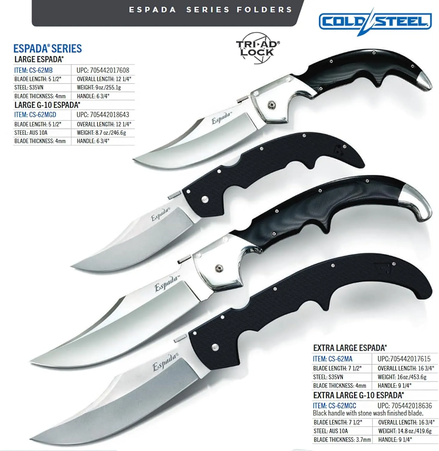 Cold Steel Espada Series S35VN Steel Ultra-Sharp Blades Tactical Pocket Folding Knife with Tri-Ad Lock & Ambidextrous Pocket/Belt Clip