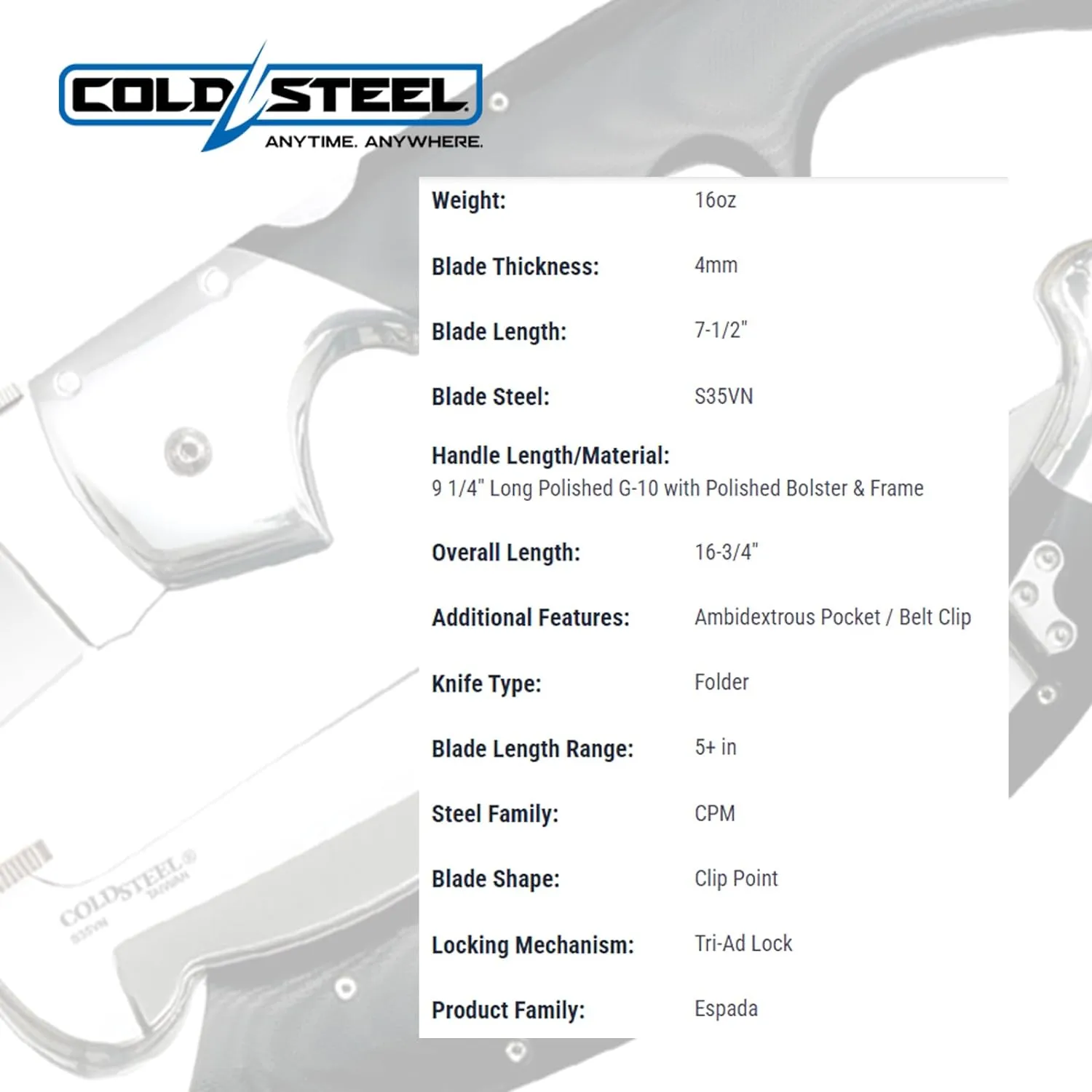 Cold Steel Espada Series S35VN Steel Ultra-Sharp Blades Tactical Pocket Folding Knife with Tri-Ad Lock & Ambidextrous Pocket/Belt Clip
