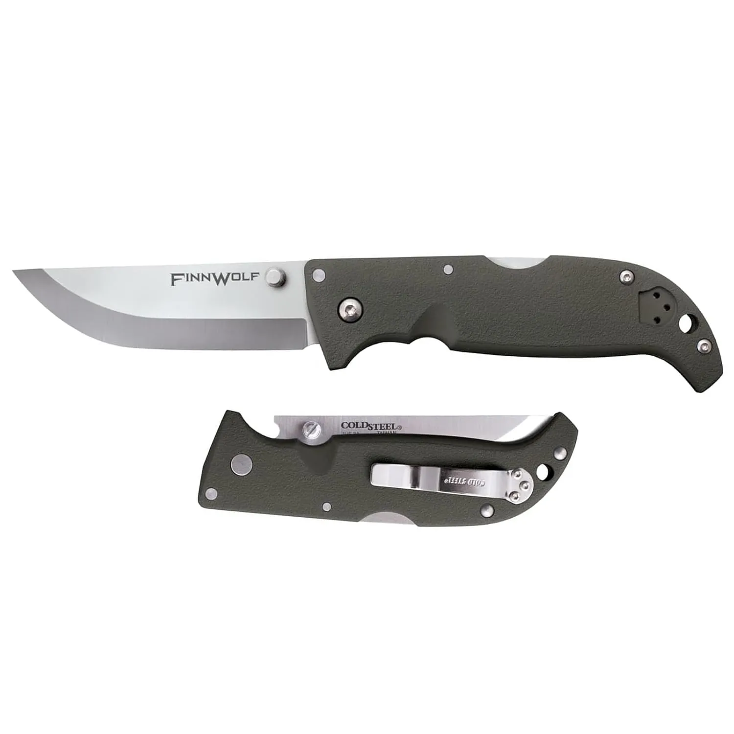 Cold Steel Finn Wolf 3.5in AUS8A Razor-Sharp Straight Back Blade 4.375in Griv-Ex OD Green Handle Hunting Folding Knife, Blister Pack