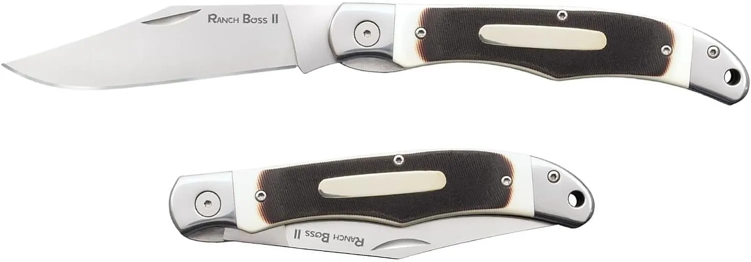 Cold Steel Ranch Boss II 4" SK-5 Razor-Sharp Blade 5.25" Faux Sawed Bone Handle Versatile Outdoors Folding Knife w/Liner Lock