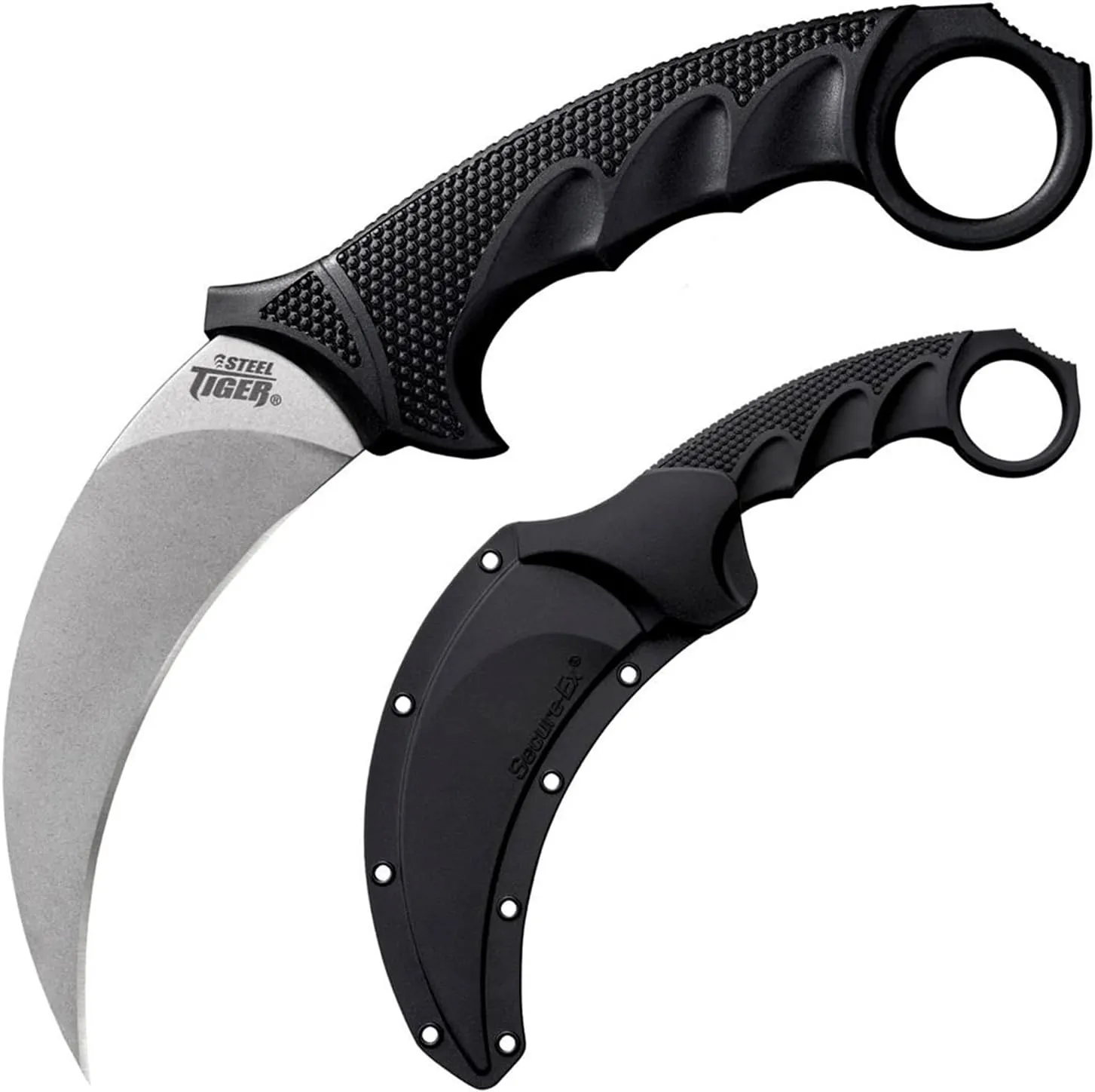 COLD STEEL Steel Tiger 4.75" Japanese AUS8A Stainless Steel w/ Stonewashed Finish Karambit Shape Fixed Blade Tactical Hunting Knife, Griv-Ex & Kray-Ex Handle, Secure-Ex Sheath