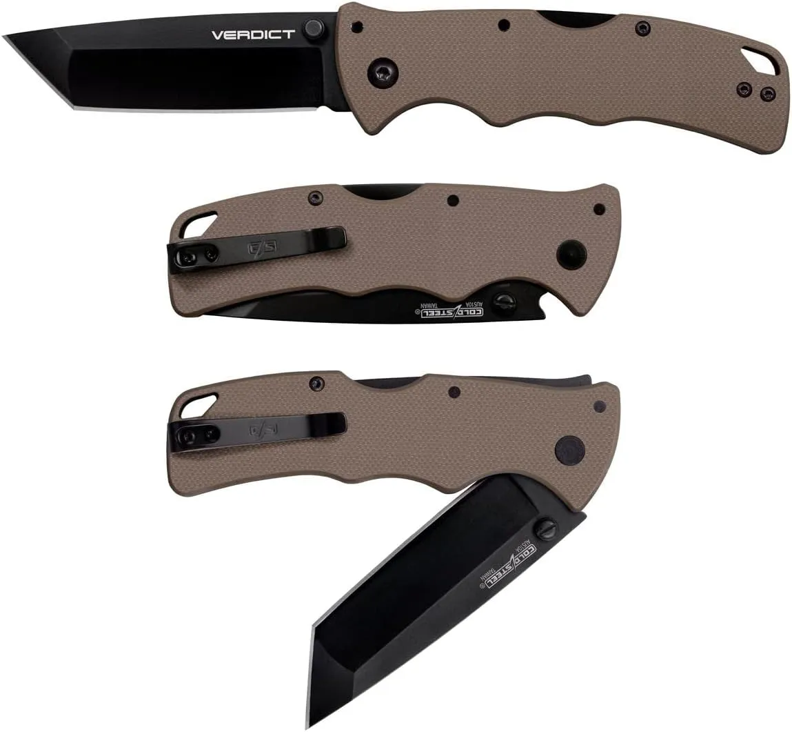 Cold Steel Verdict 3" AUS10A Tanto Point Blade 4.25" G-10 FDE Handle Everyday Carry Tactical Folding Knife with Tri-Ad Lock