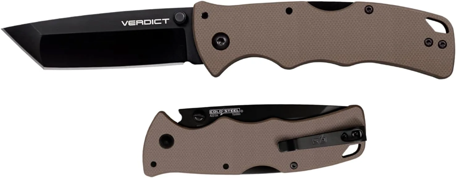Cold Steel Verdict 3" AUS10A Tanto Point Blade 4.25" G-10 FDE Handle Everyday Carry Tactical Folding Knife with Tri-Ad Lock