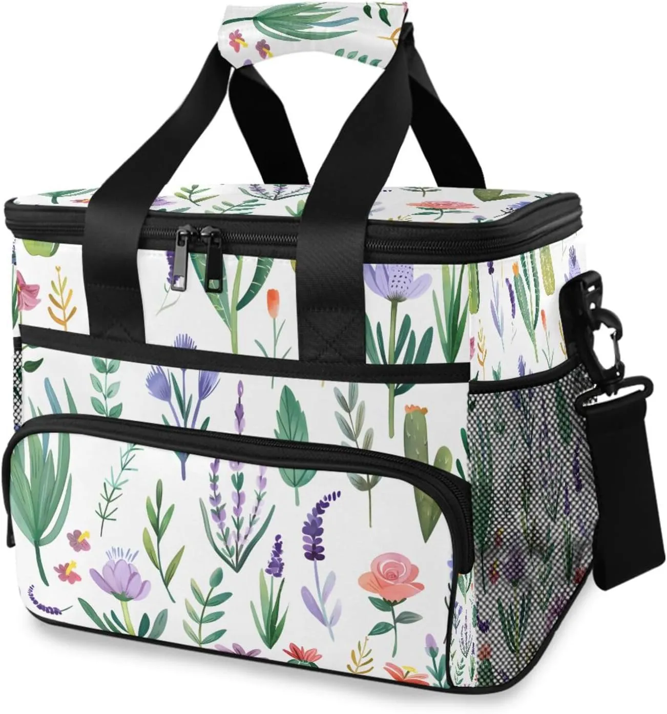 Colorful Floral Spring Flower Cooler Bag Insulated Cooler Soft Sided Cooler 24 Can Portable Picnic Bag Large Leakproof Lunch Bag Box for Beach Grocery Camping Travel Car Men Women