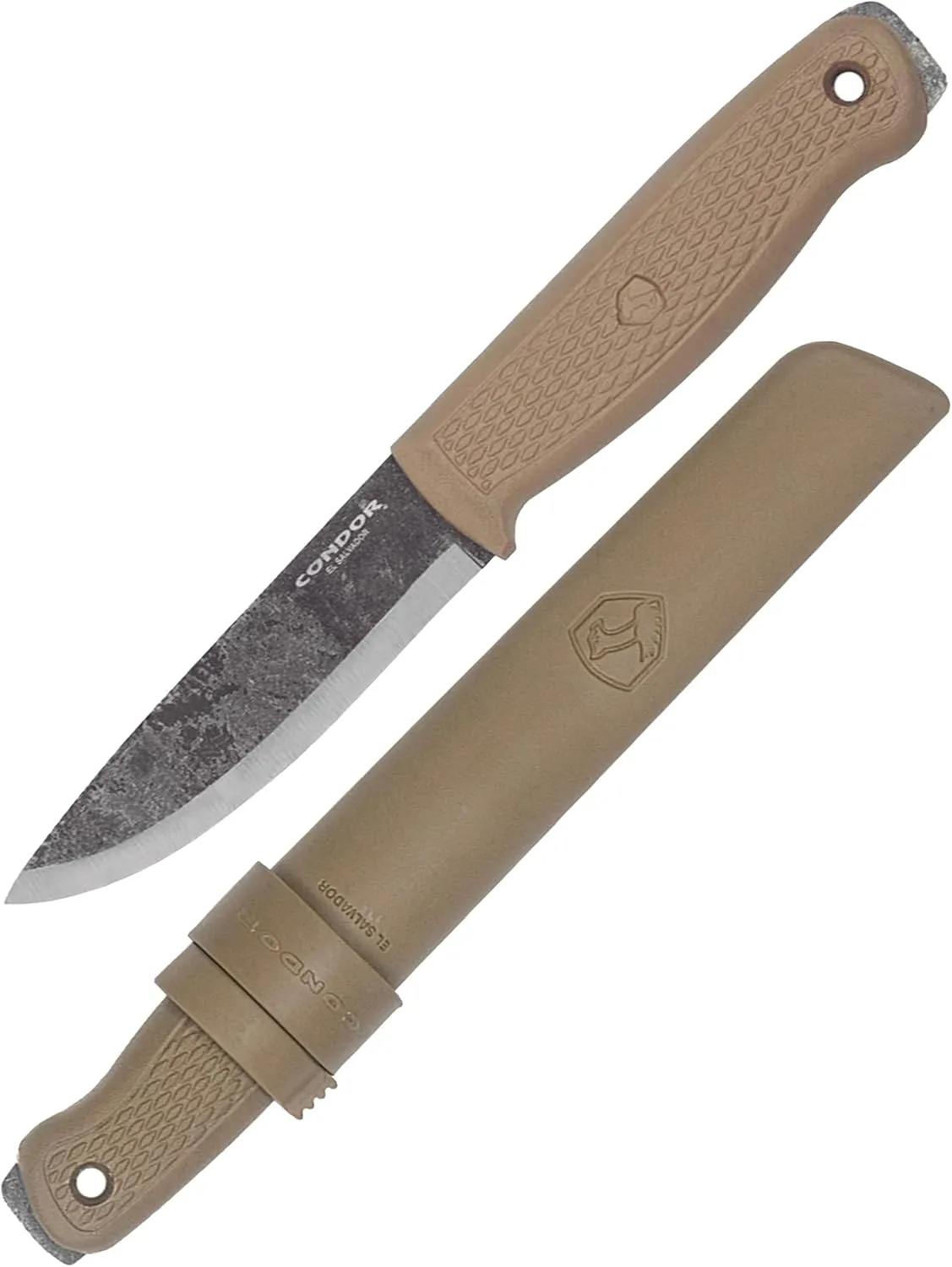 Condor Tool & Knife Terrasaur Fixed Blade Knife Desert - 1095 High Carbon Steel - High Impact Polypropylene Sheath - Scandi Edge - 3mm Thick - 4.2in Blade - 7.1oz