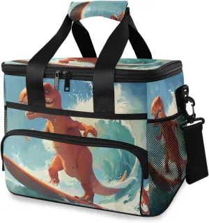 Cool Surfing Dinosaur Wave Cooler Bag Insulated Cooler Soft Sided Cooler 24 Can Portable Picnic Bag Large Leakproof Lunch Bag Box for Beach Grocery Camping Travel Car Men Women