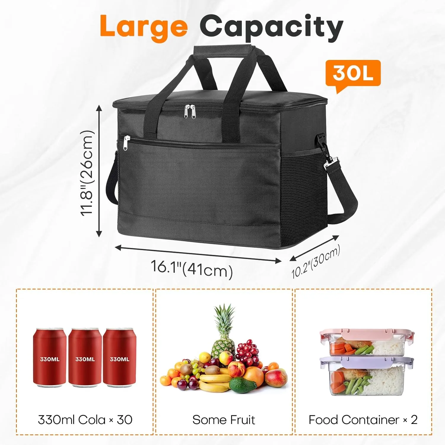 Cooler Bags Insulated, 48 Cans Large Lunch Bag with Side Mesh Pockets & Front Zipper Pocket, Portable Soft Cooler for Camping/Beach/Picnic/Trip, Lightweight Collapsible Tote with Shoulder Strap- Black