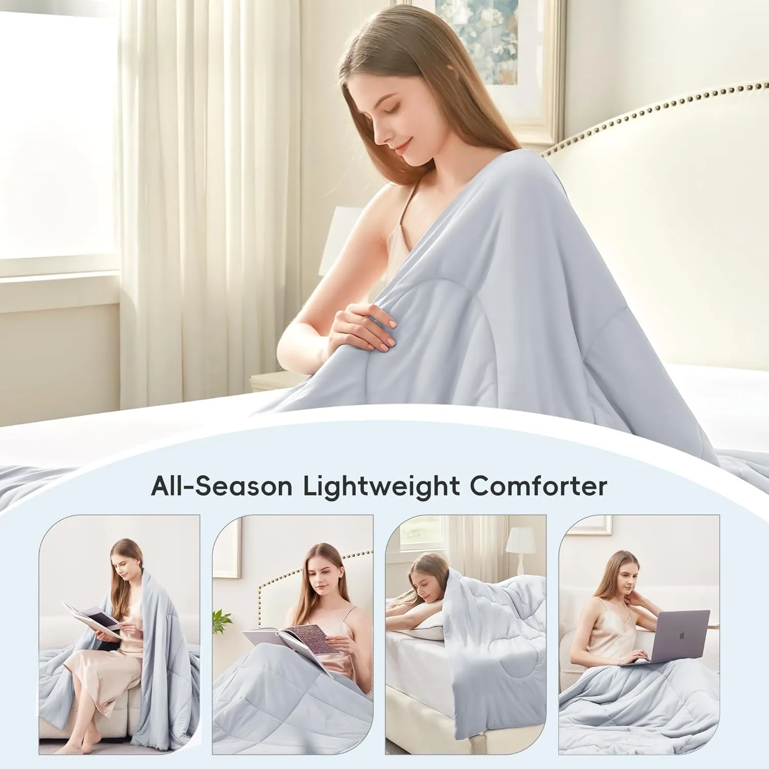 Cooling Comforter Twin/Twin XL Size, All Season Blanket for Hot Sleepers, Lightweight Comforter for Night Sweats, Double-Sided Cooling Bedding for Bed, Sofa, Office, Camping (Light Gray,68"*80")