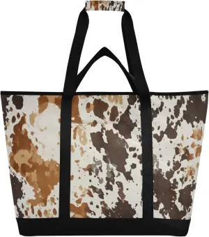 Cow Print Reusable Insulated Cooler Bag with Ice Pack Compartment - Large 47L Waterproof Thermal Grocery Tote for Picnic Beach Camping Lunch Storage
