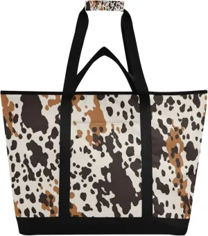 Cow Print Reusable Insulated Cooler Bag with Ice Pack Compartment - Large 47L Waterproof Thermal Grocery Tote for Picnic Beach Camping Lunch Storage