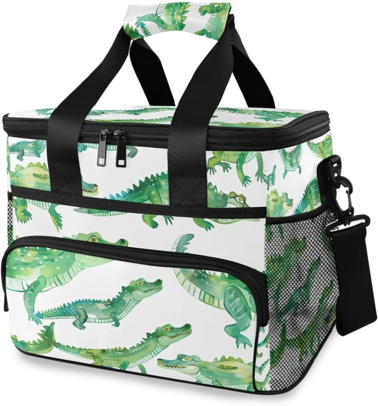 Crocodile Pattern Green Cooler Bag Insulated Cooler Soft Sided Cooler 24 Can Portable Picnic Bag Large Leakproof Lunch Bag Box for Beach Grocery Camping Travel Car Men Women