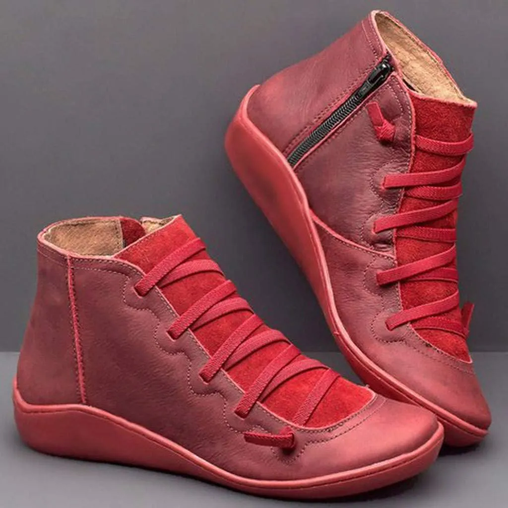 Crzidha Boots for Women 2023 Trendy Side Zipper Lace Up Flat Ankle Boots Arch Support Orthopedic Booties for Plantar Fasciitis Comfy Wide Width Round Toe Lace Up Side Zipper Boots