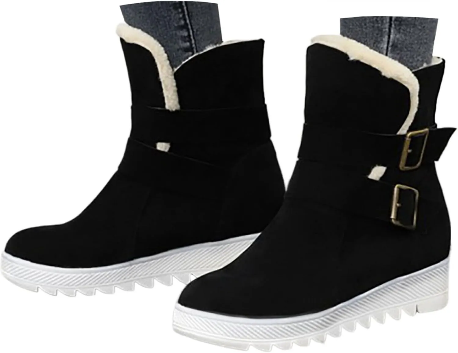 Crzidha Snow Boots for Women,Warm Fleece Plush Lining Buckle Strap Ankle Boots Non-Slip Rubber Lug Sole Winter Snow Walking Flat Shoes Classic Vintage Round Toe Suede High Top Snow Boots