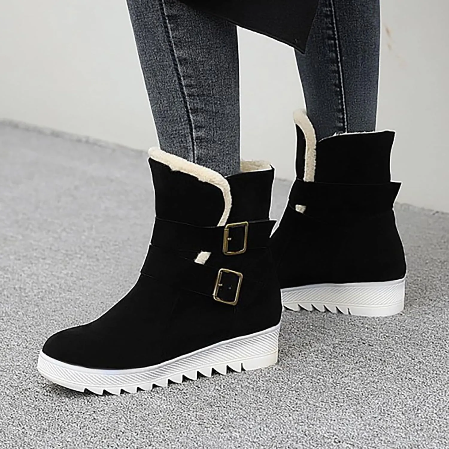 Crzidha Snow Boots for Women,Warm Fleece Plush Lining Buckle Strap Ankle Boots Non-Slip Rubber Lug Sole Winter Snow Walking Flat Shoes Classic Vintage Round Toe Suede High Top Snow Boots