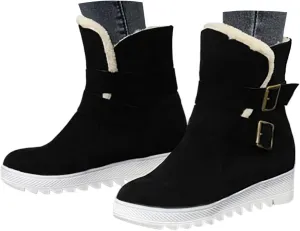 Crzidha Snow Boots for Women,Warm Fleece Plush Lining Buckle Strap Ankle Boots Non-Slip Rubber Lug Sole Winter Snow Walking Flat Shoes Classic Vintage Round Toe Suede High Top Snow Boots