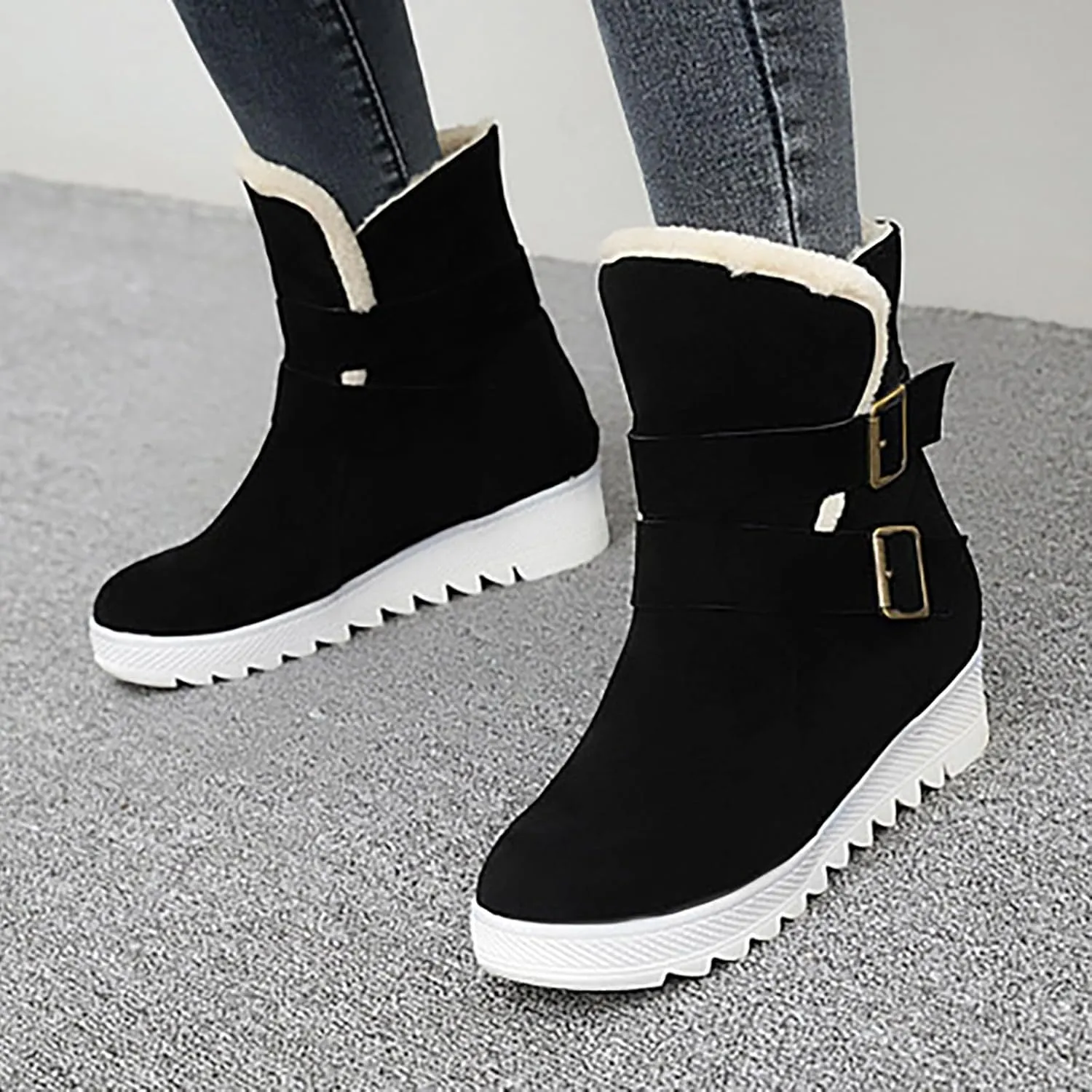 Crzidha Snow Boots for Women,Warm Fleece Plush Lining Buckle Strap Ankle Boots Non-Slip Rubber Lug Sole Winter Snow Walking Flat Shoes Classic Vintage Round Toe Suede High Top Snow Boots