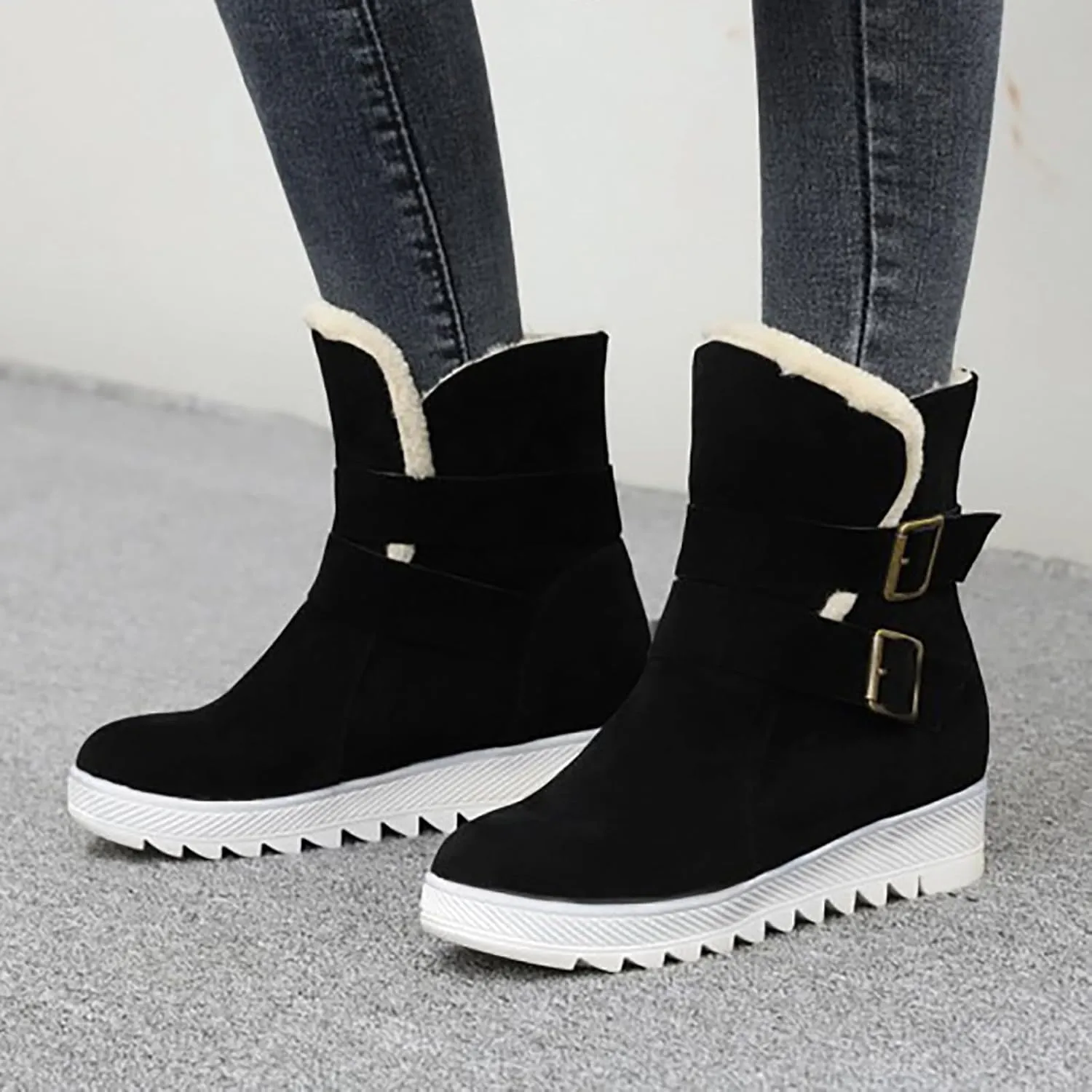 Crzidha Snow Boots for Women,Warm Fleece Plush Lining Buckle Strap Ankle Boots Non-Slip Rubber Lug Sole Winter Snow Walking Flat Shoes Classic Vintage Round Toe Suede High Top Snow Boots