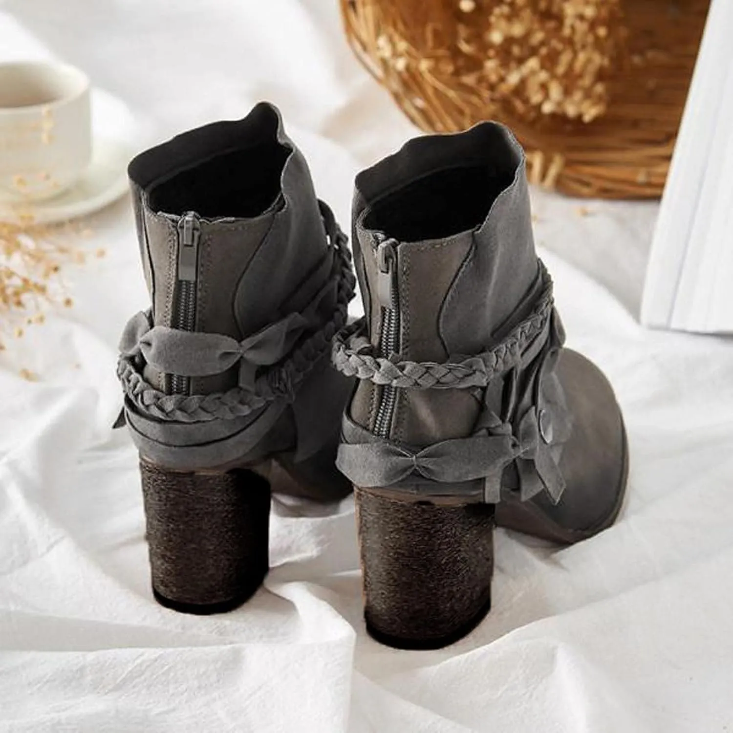 Ctreela Boho Booties Chunky Heel Shootie Retro Gypsy Ankle Boots Western Vintage Faux Suede Fringe Slip On Boot for Women