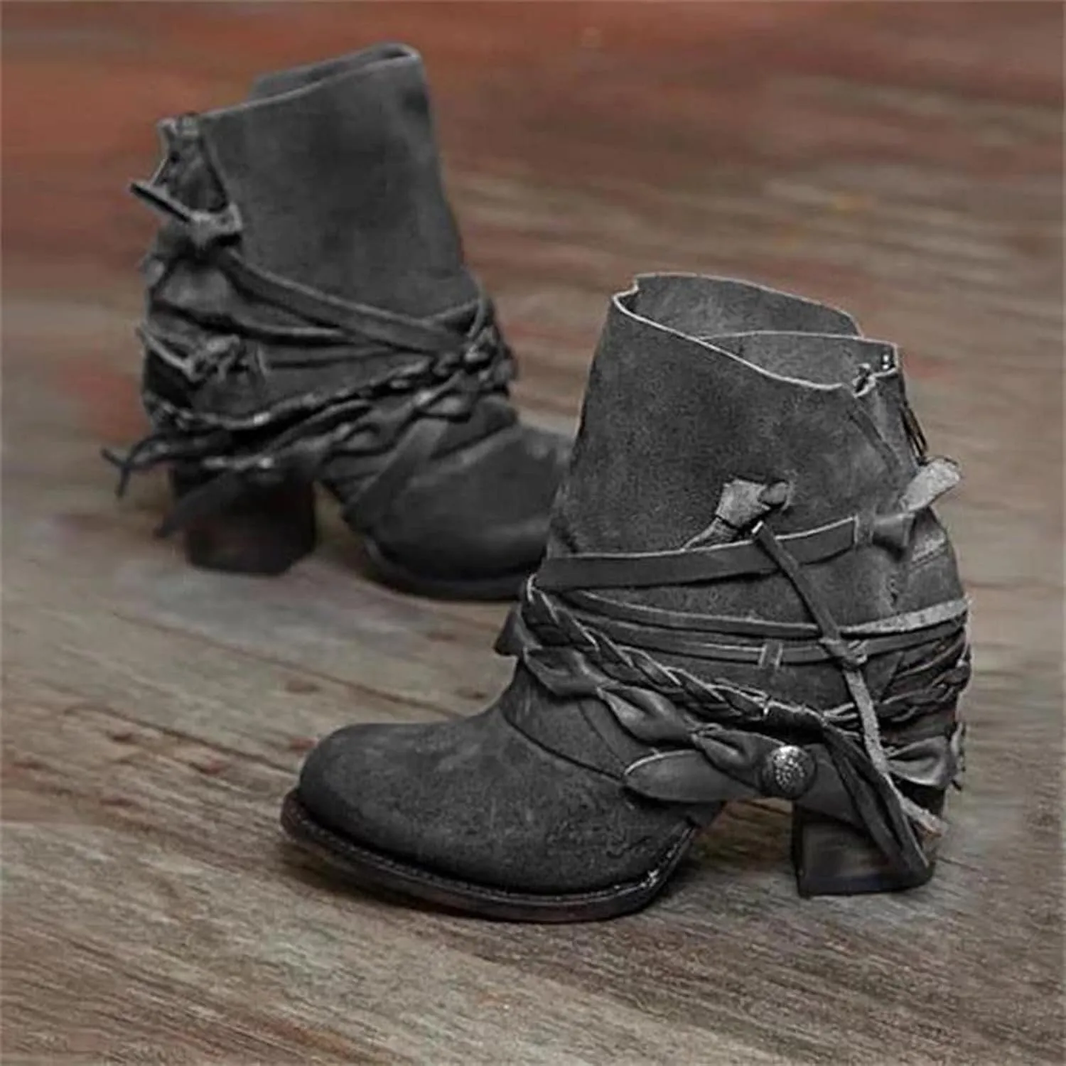 Ctreela Boho Booties Chunky Heel Shootie Retro Gypsy Ankle Boots Western Vintage Faux Suede Fringe Slip On Boot for Women