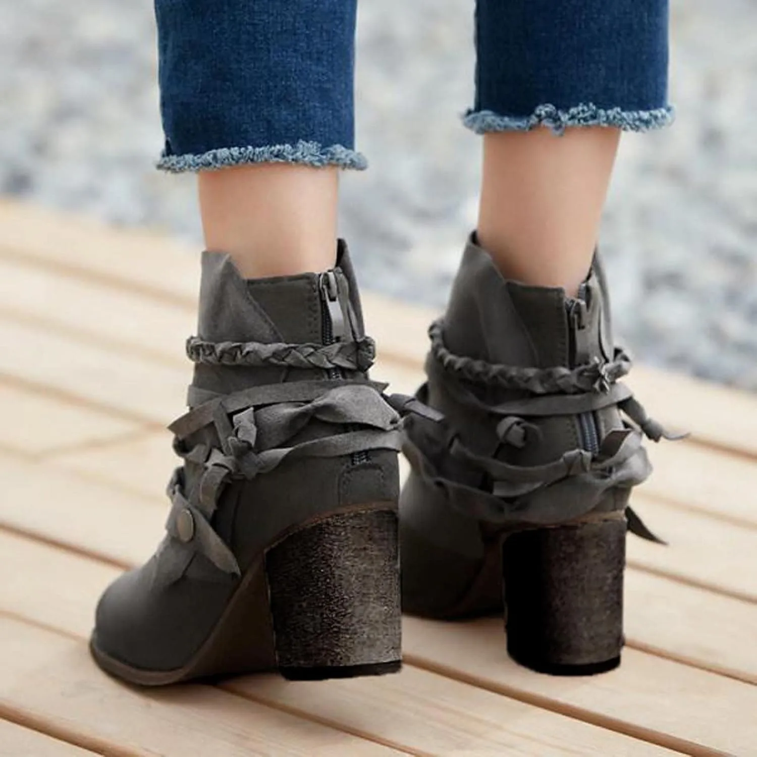 Ctreela Boho Booties Chunky Heel Shootie Retro Gypsy Ankle Boots Western Vintage Faux Suede Fringe Slip On Boot for Women