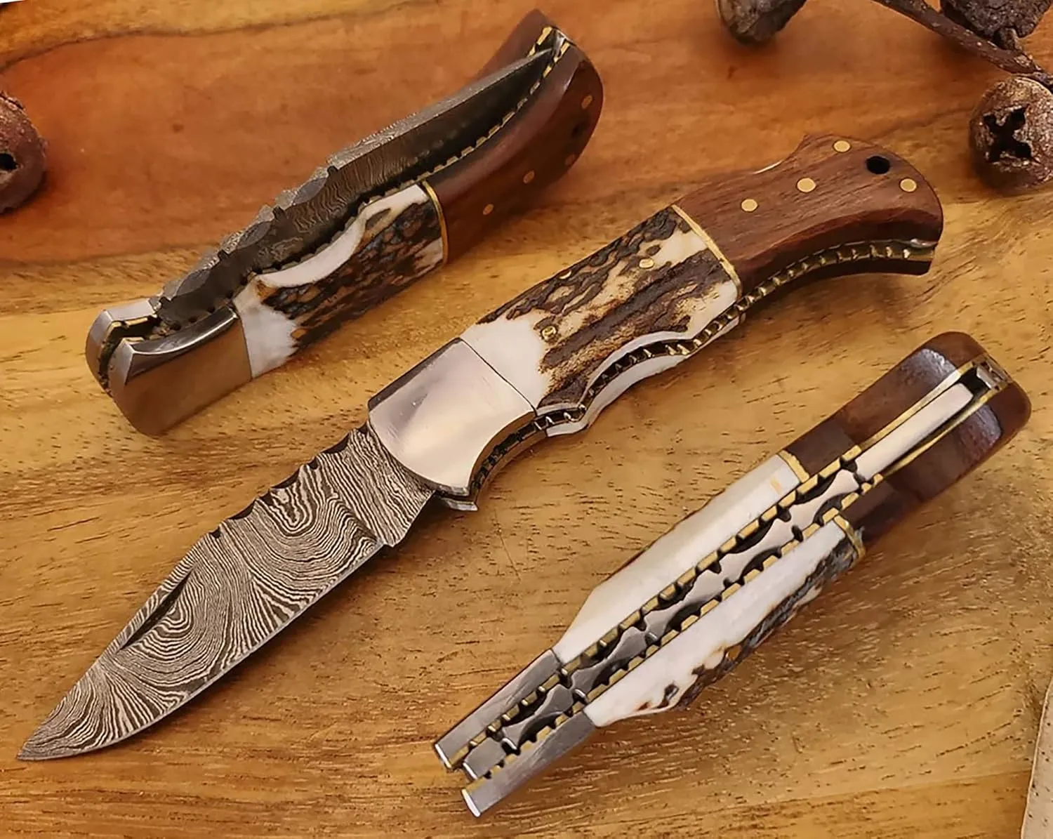 Custom Damascus Steel Pocket Folding Knife Customized Gift for Husband Dad Boyfriend, Groomsmen Gifts, Best Man Gifts for Wedding, 100% Handmade 6.5" Knives for Outdoor Camping Back Lock (Chess)
