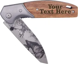 Custom Engraved Folding Pocket Knife with Folding Blade - Personalized Hunting Fishing Gift for Dad, Men, Him, Husband - Customized with Name (Elk - Custom Personalized)