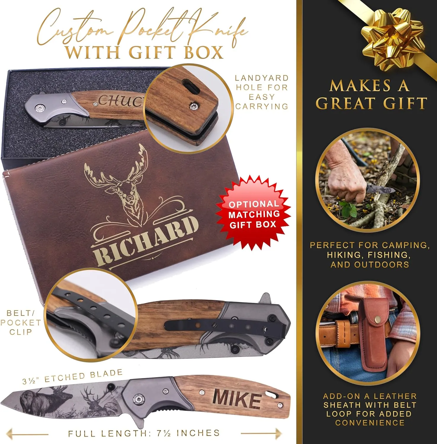 Custom Engraved Folding Pocket Knife with Folding Blade - Personalized Hunting Fishing Gift for Dad, Men, Him, Husband - Customized with Name (Elk - Custom Personalized)