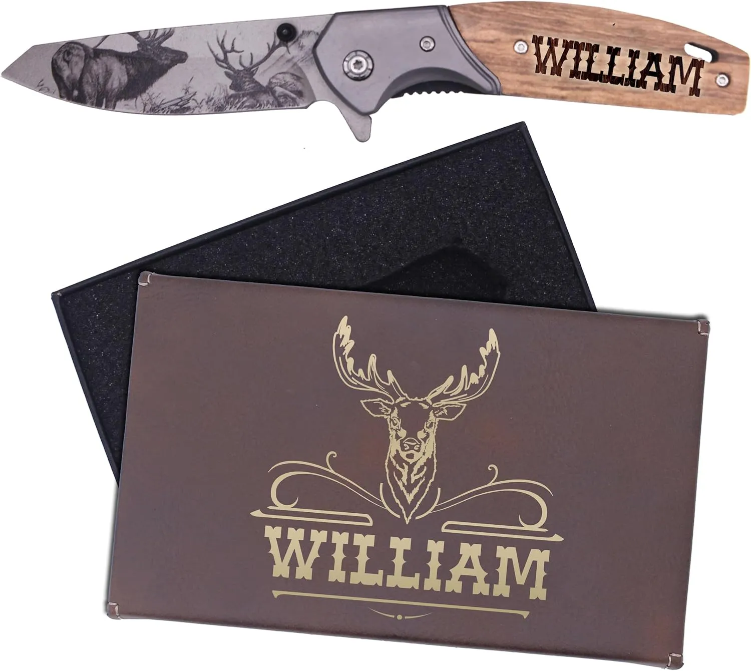 Custom Engraved Folding Pocket Knife with Folding Blade - Personalized Hunting Fishing Gift for Dad, Men, Him, Husband - Customized with Name (Elk - Custom Personalized)
