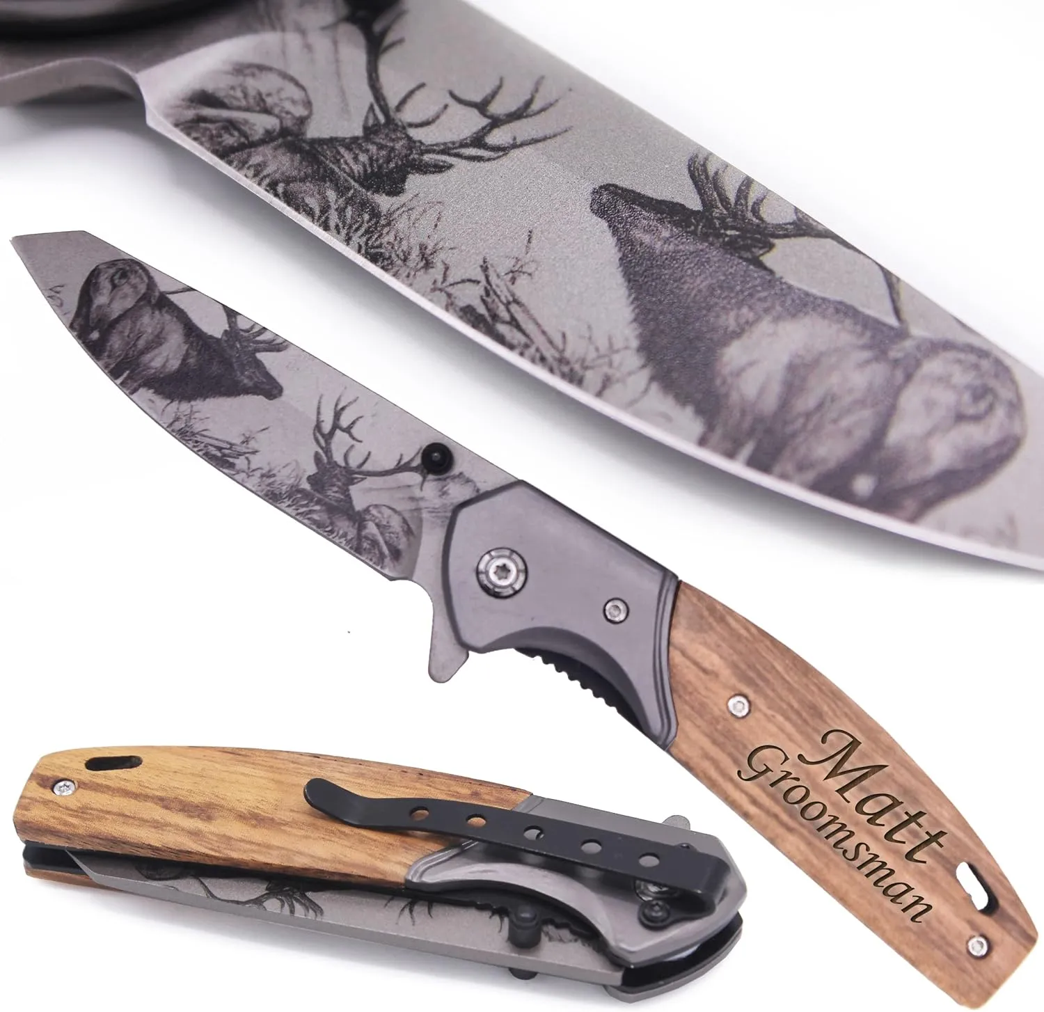 Custom Engraved Folding Pocket Knife with Folding Blade - Personalized Hunting Fishing Gift for Dad, Men, Him, Husband - Customized with Name (Elk - Custom Personalized)