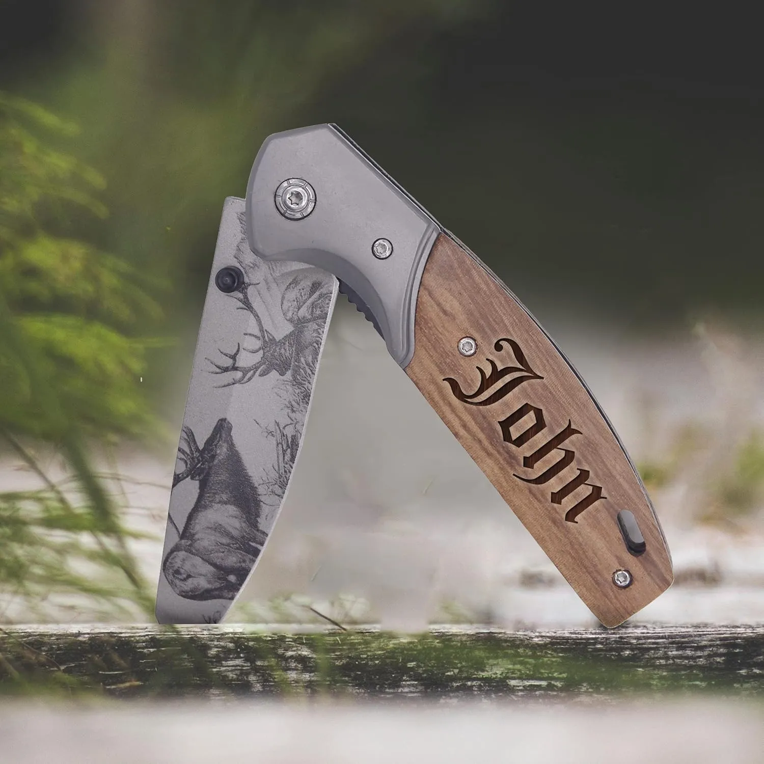 Custom Engraved Folding Pocket Knife with Folding Blade - Personalized Hunting Fishing Gift for Dad, Men, Him, Husband - Customized with Name (Elk - Custom Personalized)