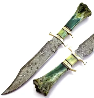 Custom Handmade Damascus Steel Full Tang Hunting Knife, Camel Bone Handle with Leather Sheath | fixed Blade Survival knife for Camping, Fishing | Perfect Knives for Men