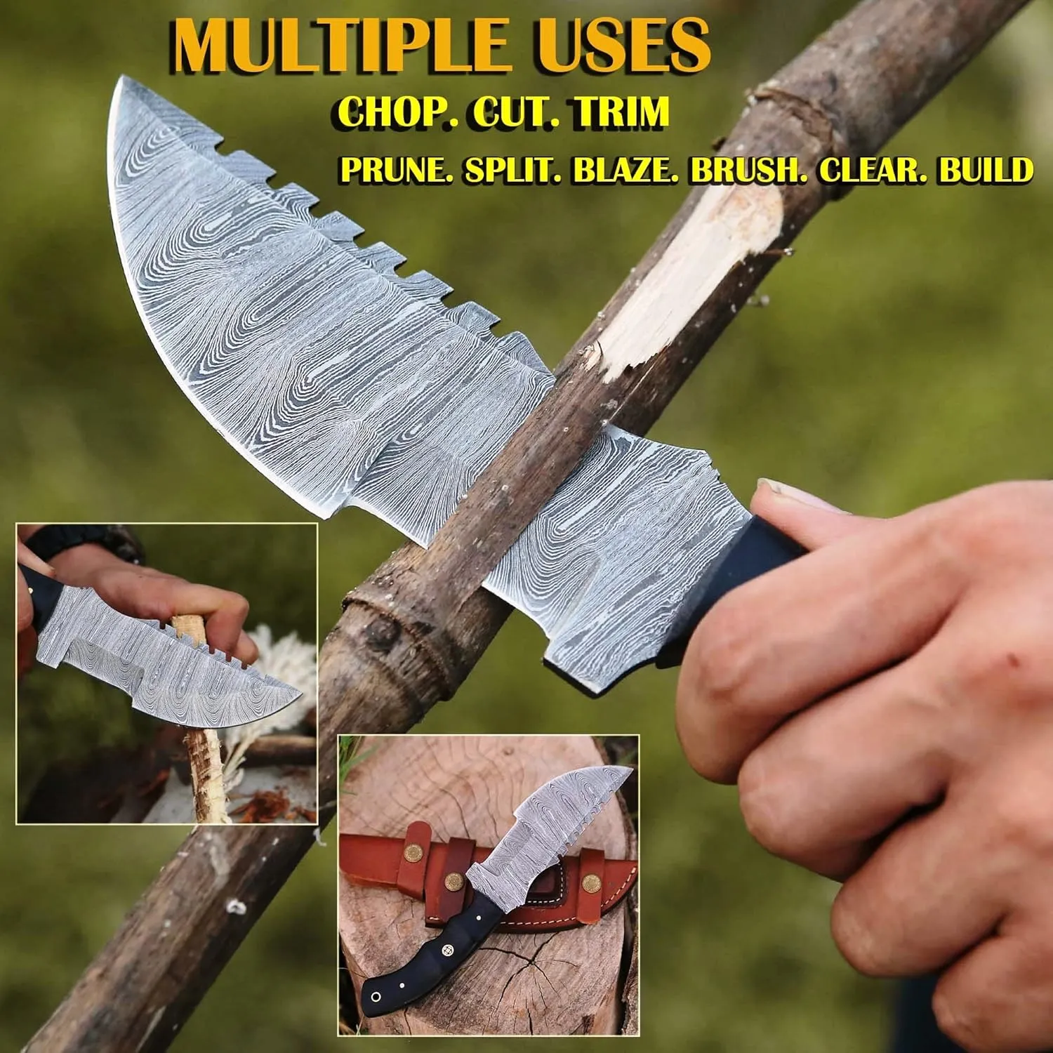 Custom Handmade Damascus Steel Hunting Tracker Knife with Horizontal and Scout Carry Leather Sheath - 10 INCH Fixed Blade Outdoor Survival Camping Knives for men