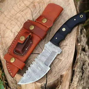 Custom Handmade Damascus Steel Hunting Tracker Knife with Horizontal and Scout Carry Leather Sheath - 10 INCH Fixed Blade Outdoor Survival Camping Knives for men