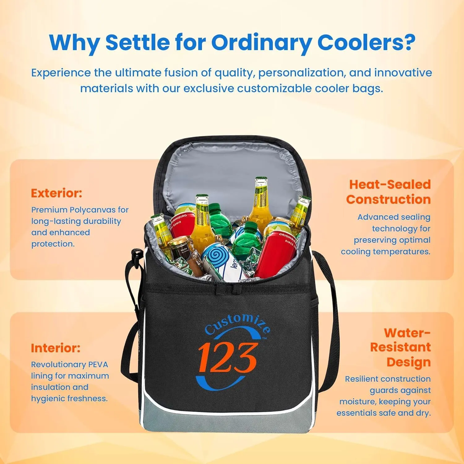 Custom Soft Cooler Bag - Personalize Your Insulated Bag | for Corporate Events or Gifts - Leak Proof Customizable Portable Cooler Bag Holds 30 Beer Cans - 13 x 11 x 7.25 - Customize 123