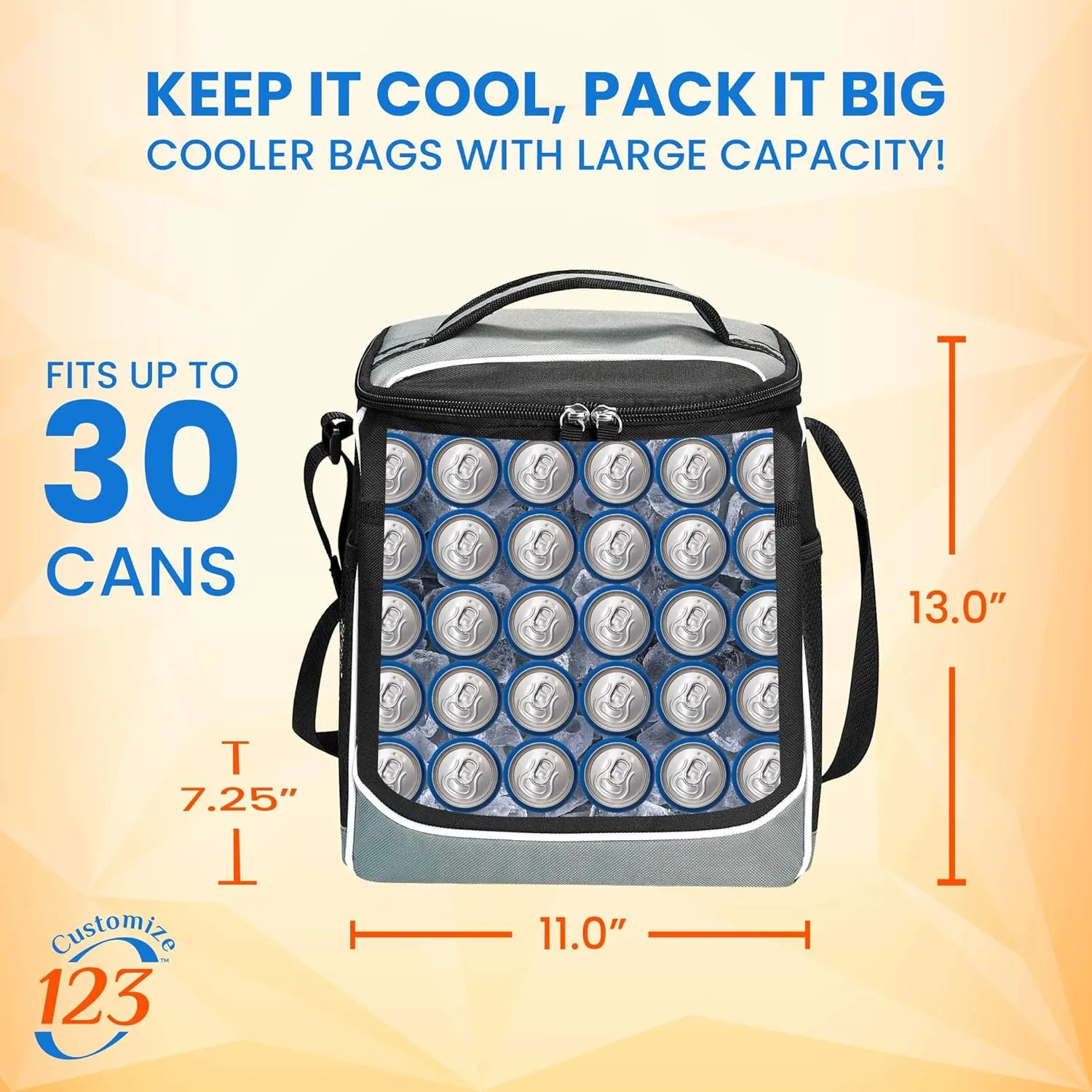 Custom Soft Cooler Bag - Personalize Your Insulated Bag | for Corporate Events or Gifts - Leak Proof Customizable Portable Cooler Bag Holds 30 Beer Cans - 13 x 11 x 7.25 - Customize 123
