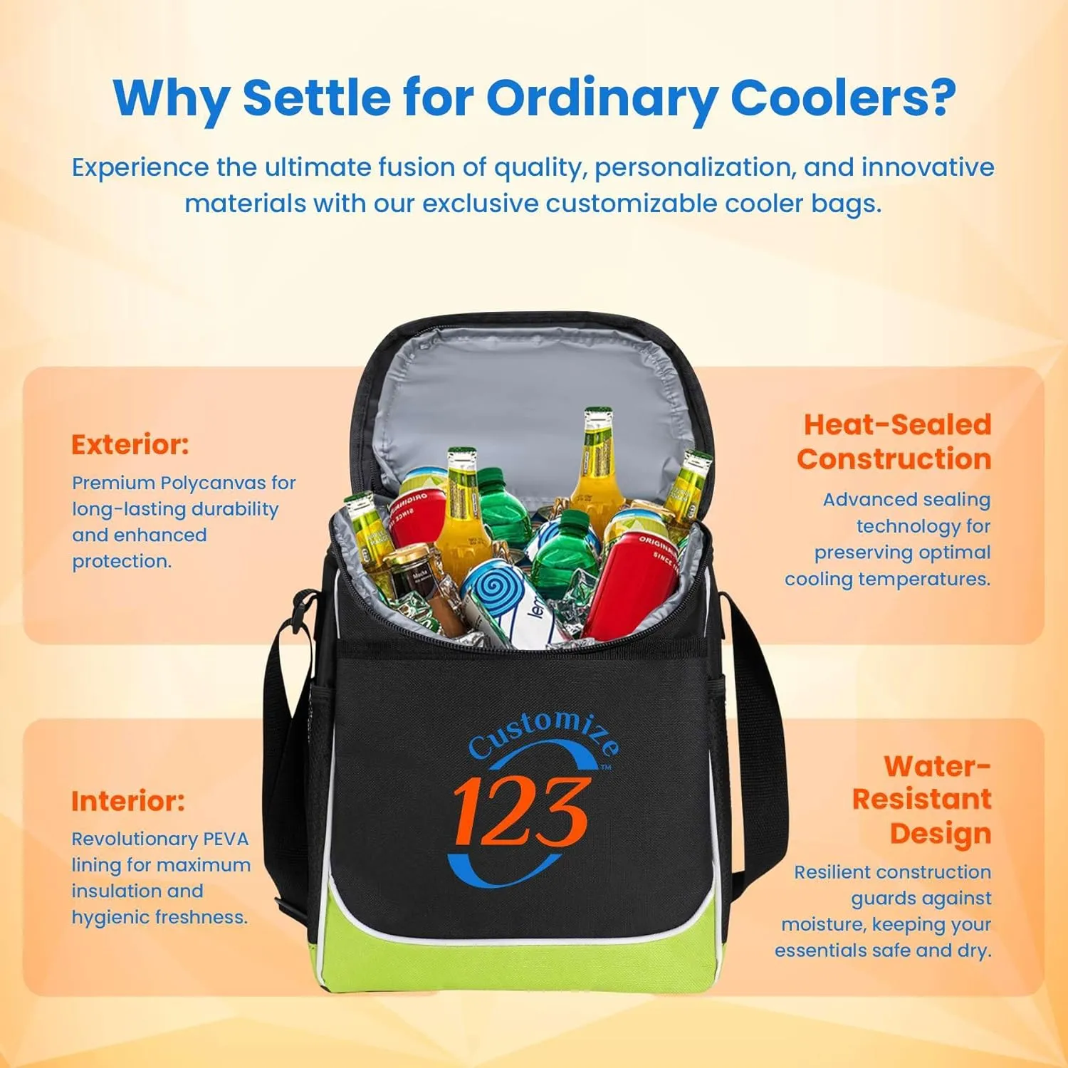 Custom Soft Cooler Bag - Personalize Your Insulated Bag | for Corporate Events or Gifts - Leak Proof Customizable Portable Cooler Bag Holds 30 Beer Cans - 13 x 11 x 7.25 - Customize 123