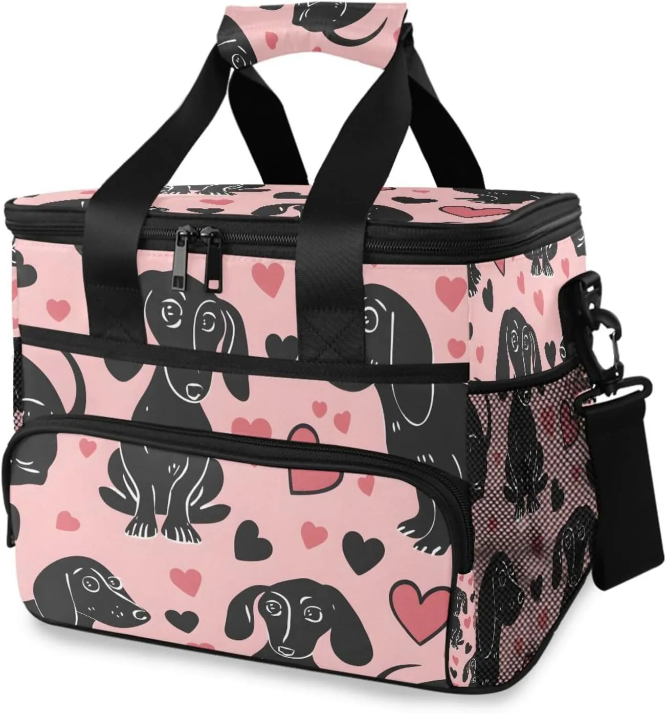 Dachshund Dogs Pink Heart Cooler Bag Insulated Cooler Soft Sided Cooler 24 Can Portable Picnic Bag Large Leakproof Lunch Bag Box for Beach Grocery Camping Travel Car Men Women
