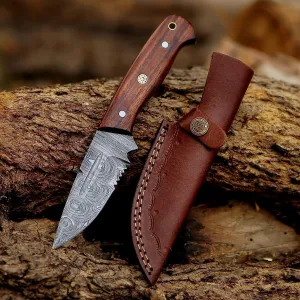 Damascus Custom Handmade Hunting Knife - Ideal for Skinning, Camping, Outdoor - EDC Fixed Blade Bushcraft Knife with Walnut Wood & Leather Sheath 8"