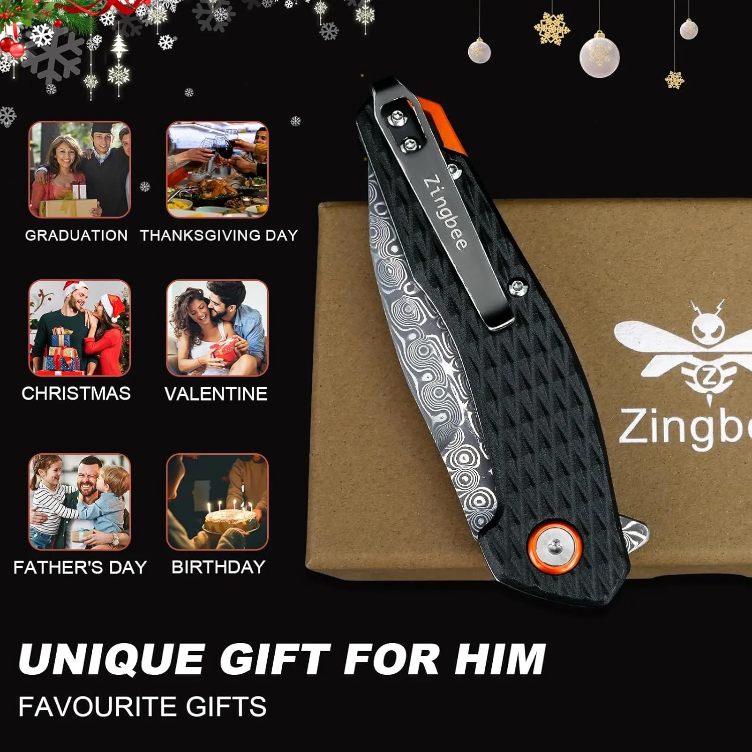 Damascus Folding Knife, 3.03" Damascus Steel Blade Pocket Knives with Clip, Black Aluminum Handles, Camping Folding Knife for Hunting Fishing Hiking Outdoor