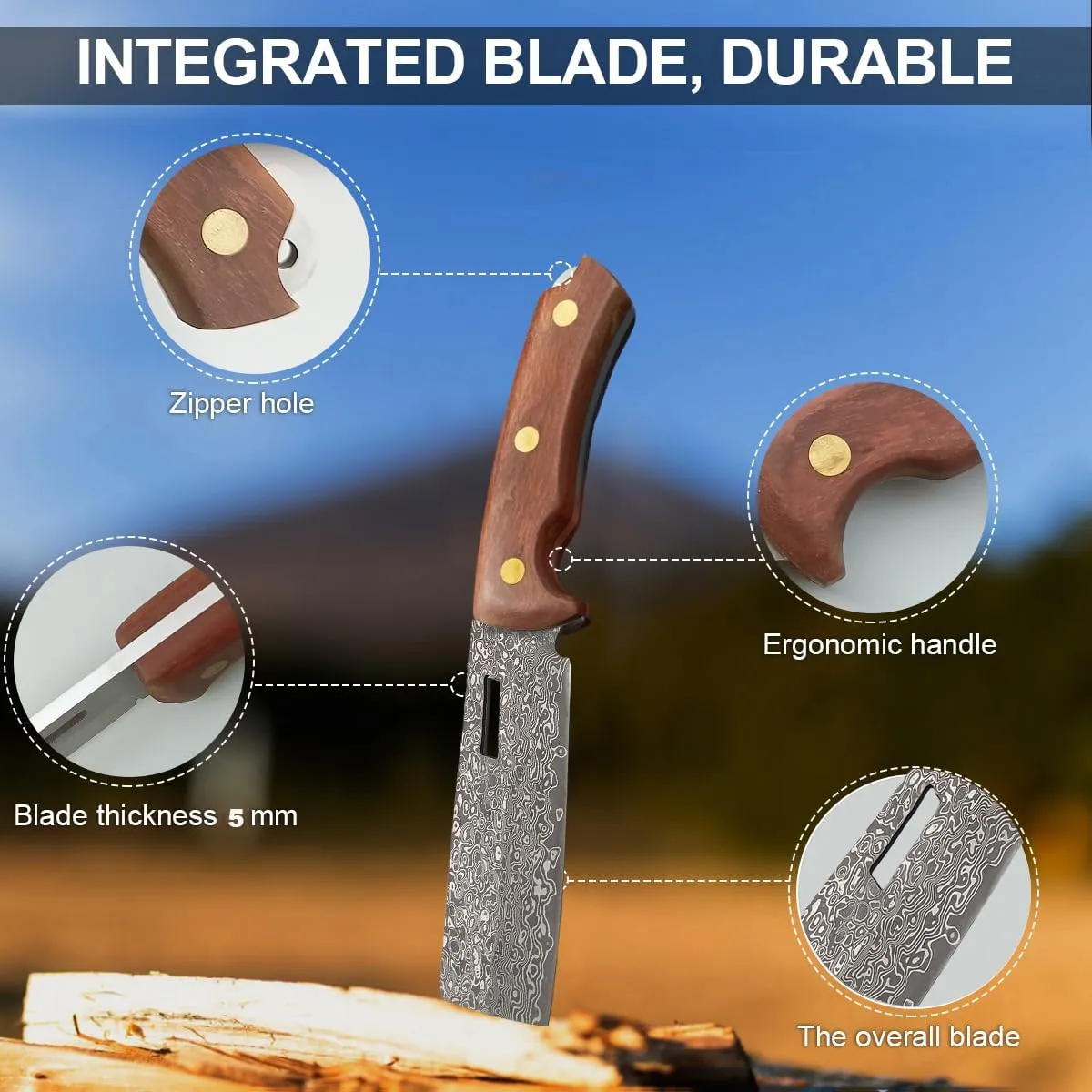 Damascus Hunting Knife, Handmade Fixed Blade, Full-Tang Knife with Leather Sheath Non Slip Wood Handle, VG10 Damascus Steel Survival Tactical knives, Camping knives for Hunting, Fishing and Survival