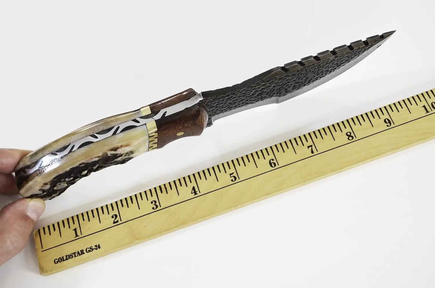 Damascus Hunting Knife with Stag Antler Handle and Leather Sheath (Damascus Tracker, 4.5 Inch Blade)