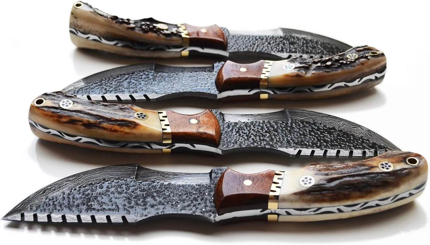 Damascus Hunting Knife with Stag Antler Handle and Leather Sheath (Damascus Tracker, 4.5 Inch Blade)